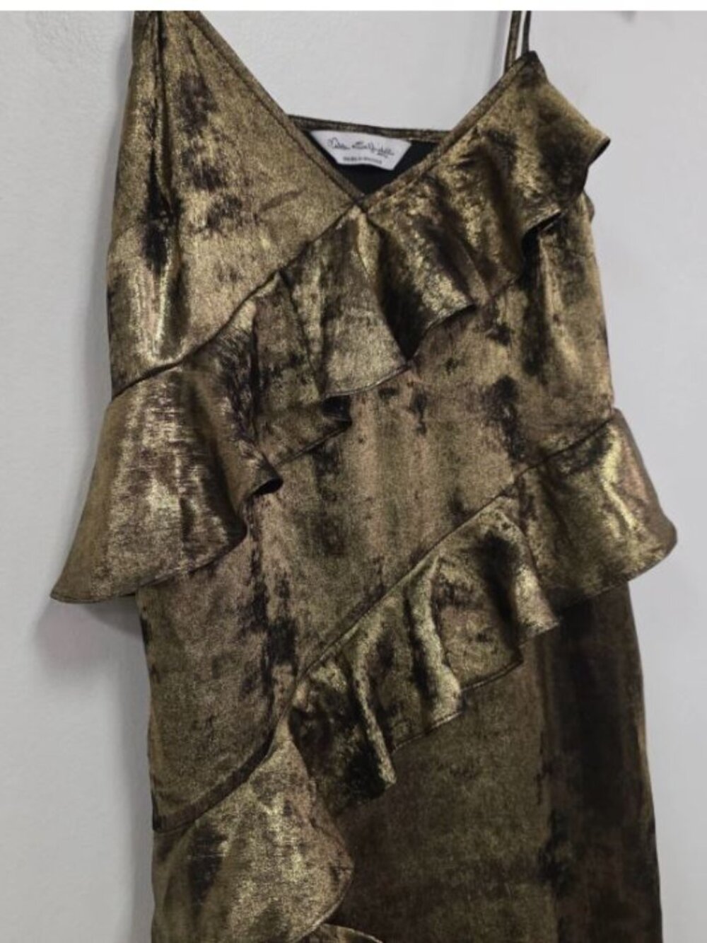 Vintage Y2K Asymmetrical Maxi Slip Dress Small 4 Metallic Gold Ruffle Cocktail - Picture 4 of 9
